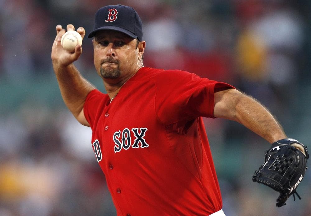 Pitcher Tim Wakefield delivers against the Oakland Athletics during the first inning during of a baseball game at Fenway Park last night.
