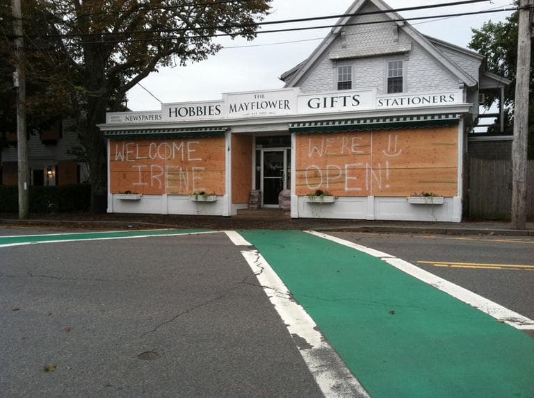 The Mayflower Shop in Chatham was boarded up &mdash; but not closed &mdash; before Tropical Storm Irene&#039;s arrival in Massachusetts in August 2011. (Fred Thys/WBUR)