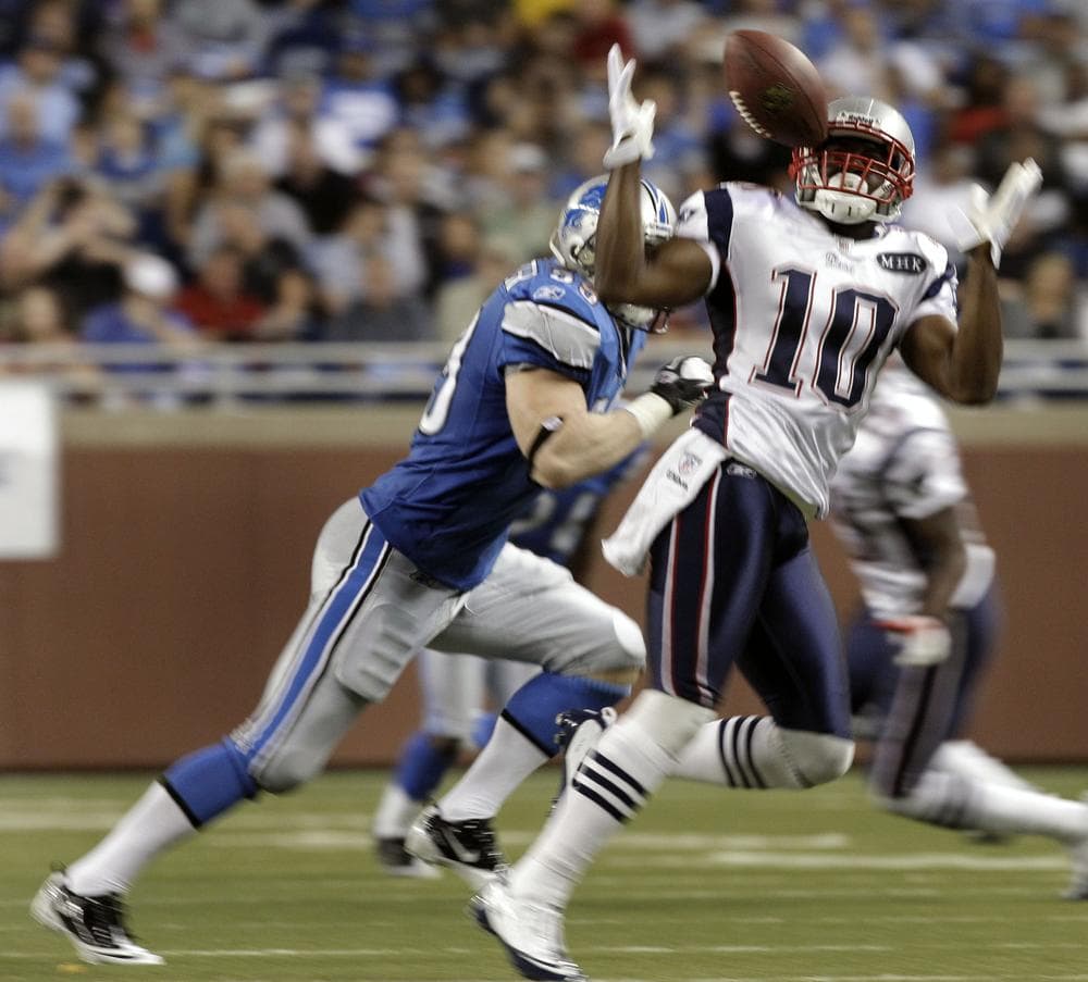 New England Patriots wide receiver Darnell Jenkins (10) bobbles a reception against the Detroit Lions in the second half during an NFL preseason football game in Detroit on Saturday. (AP)