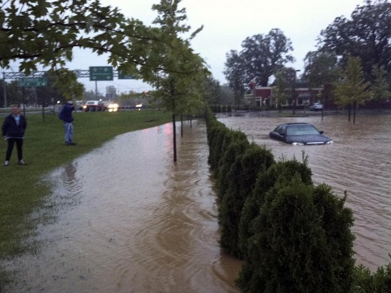 In this photo provided by Sarah Jones, a supermarket parking lot is flooded with rain water from Tropical Storm Irene in Bennington, Vt., Sunday