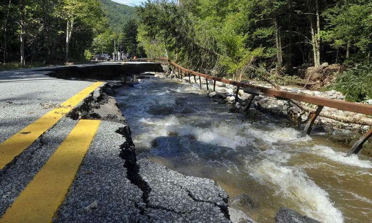 Damage caused by Tropical Storm Irene on Route 73 in St. Huberts, N.Y., Monday, Aug. 29, 2011. (AP)