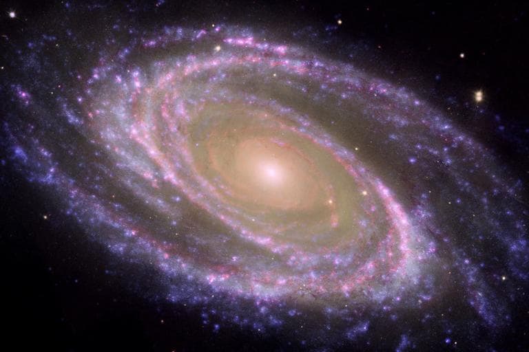 The perfectly picturesque spiral galaxy known as Messier 81, or M81, looks sharp in this new composite from NASA's Spitzer and Hubble space telescopes and NASA's Galaxy Evolution Explorer. (NASA)