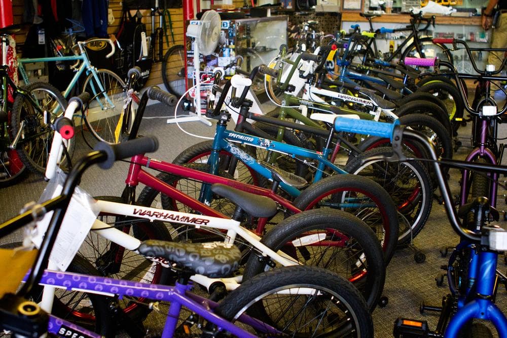 Bicycles wait for customers at Tri-City Bicycles. (Jesse Costa/WBUR)