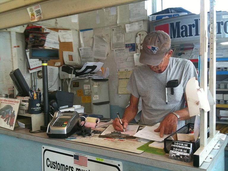 Francis Barrett runs 1-2-3 Service. This Attleboro business has been without power since Sunday. (Kimberly Adams for WBUR)