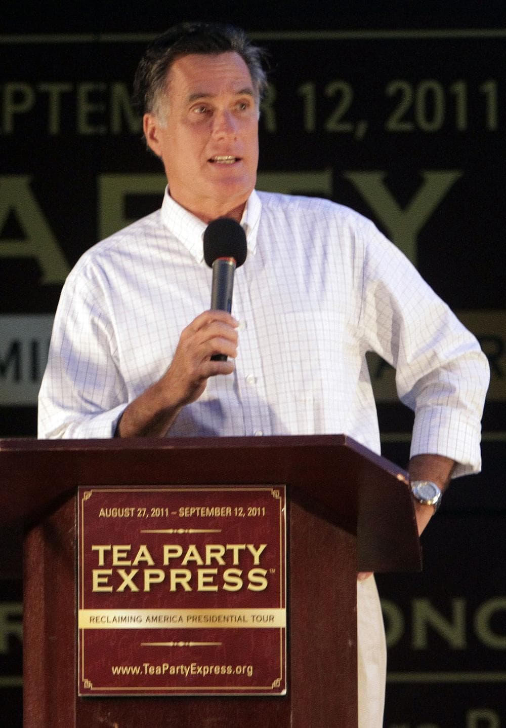 Republican presidential candidate, former Massachusetts Gov. Mitt Romney speaks at a Tea Party Express rally, on Sunday,in Concord, N.H. (AP)