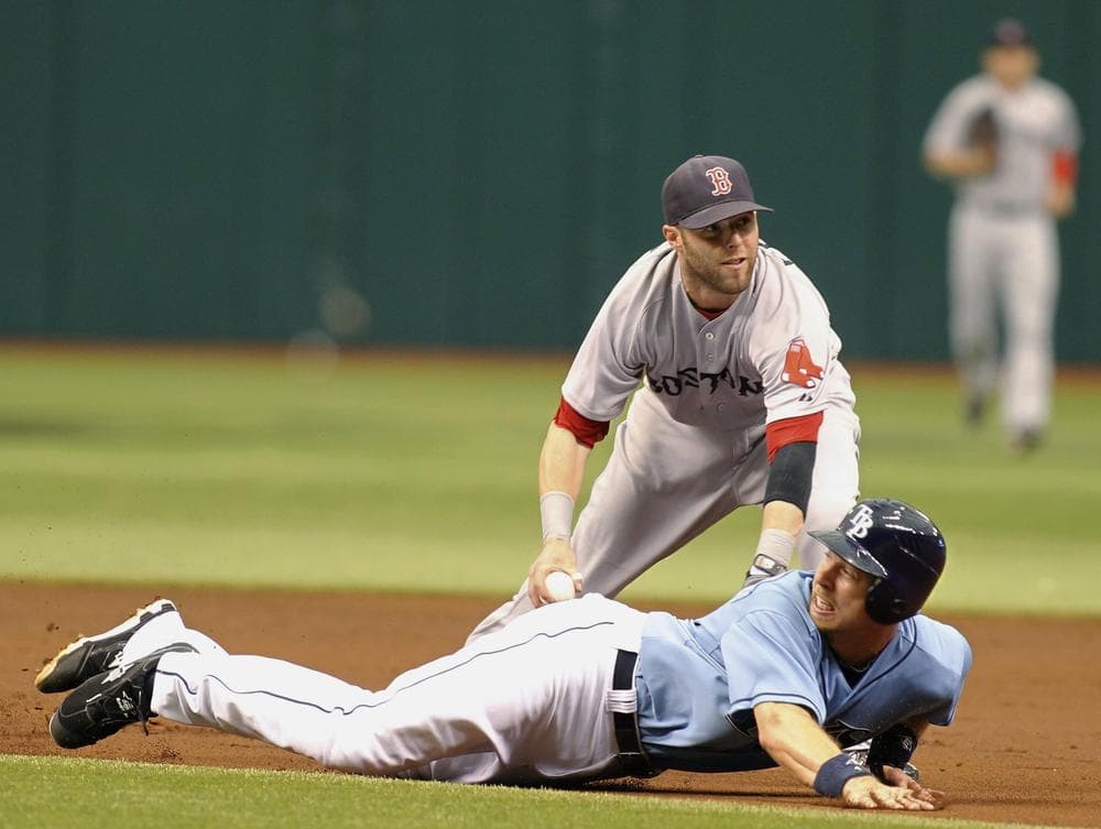 Boston&#039;s second baseman Dustin Pedroia tags out Tampa Bay&#039;s Ben Zobrist during the game on Sunday in St. Petersburg, Fla. (AP)