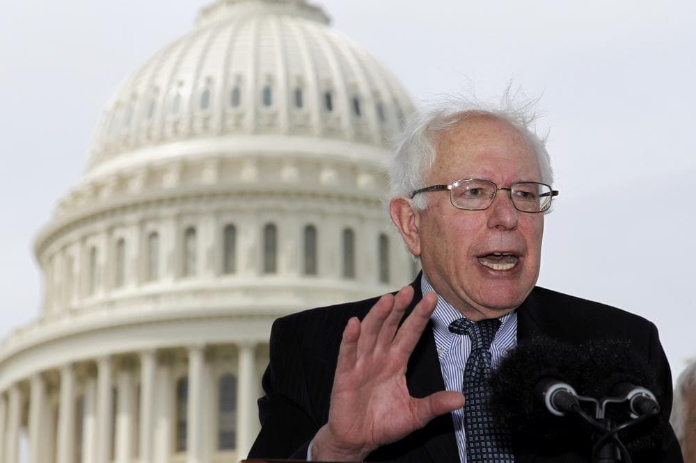 Sen. Bernie Sanders, I-Vt., gestures during a news conference on Capitol Hill in Washington. (AP)