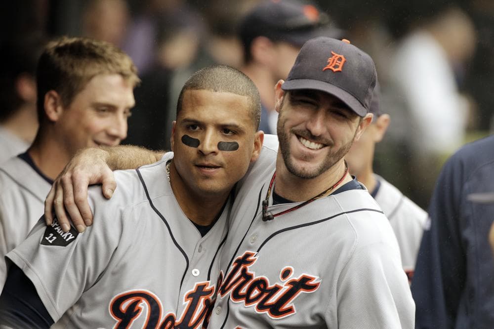 Tigers ace Justin Verlander hugs Victor Martinez during his latest victory on Tuesday against the White Sox. Verlander was lights-out; in seven scoreless innings he gave up only six hits and two walks, striking out six. (AP)