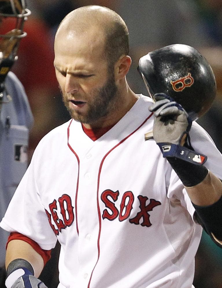 Sox second baseman Dustin Pedroia reacts to striking out Wednesday. (AP)
