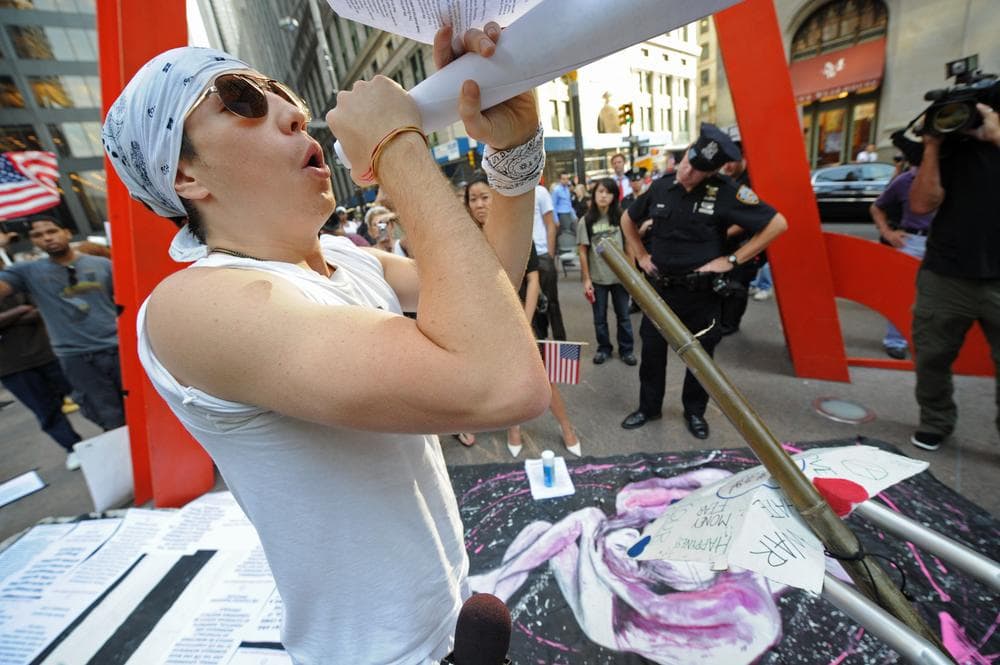 Kevin Vancio joined the Occupy Wall Street in front of Zuccotti Park near Wall Street yesterday. (AP)