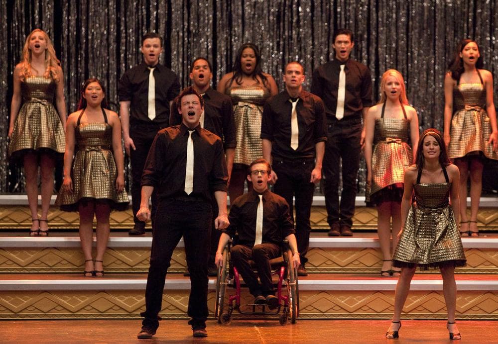 The cast of &quot;Glee,&quot; front row from left, Cory Monteith, Kevin McHale and Lea Michele, center row from left, Jenna Ushkowitz, Dijon Talton, Mark Salling and Dianna Agron, back row from left, Heather Morris, Chris Colfer, Amber Riley, Harry Shum Jr. and Naya Rivera perform &quot;Don't Stop Believing.&quot; (AP/Fox)