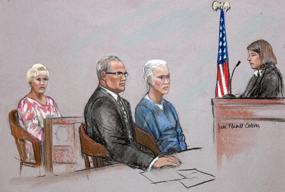 A courtroom sketch of Catherine Greig, second from right, during a hearing in a federal courtroom in Boston on July 11 (AP)