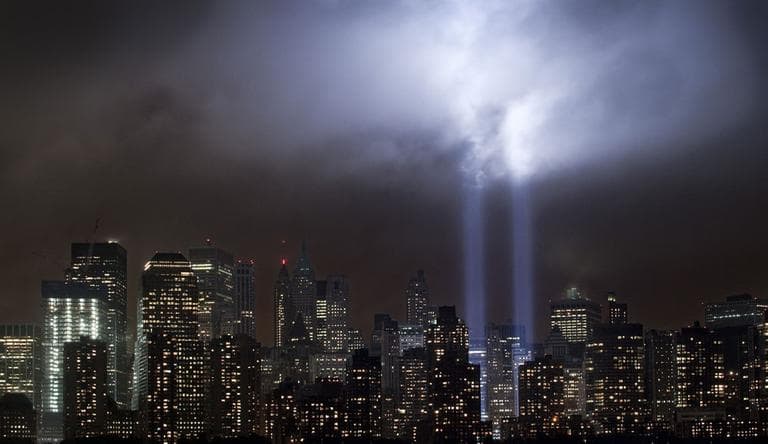 A test of the Tribute in Light rises above lower Manhattan, Tuesday, Sept. 6, 2011 in New York. Four World Trade Center, second from left, is under construction. The memorial, sponsored by the Municipal Art Society, will light the sky on the evening of Sept. 11, 2011 in honor of those who died ten years before in the terror attacks on the United States. (AP)