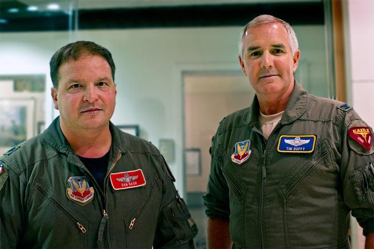 Lt. Col. Dan Nash, left, and Col. Tim Duffy, in a WBUR studio (Jesse Costa/WBUR)