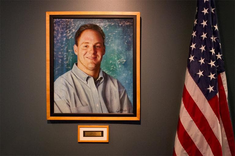 Daniel Lewin, co-founder of Akamai Technologies, died aboard American Airlines Flight 11. Today, Lewin's portrait greets visitors in the Cambridge company's main lobby. (Jesse Costa/WBUR)