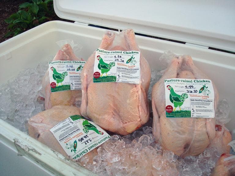 Pasture-raised chicken is more expensive than most chicken you'd find at a grocery store. (Adam Ragusea/WBUR)