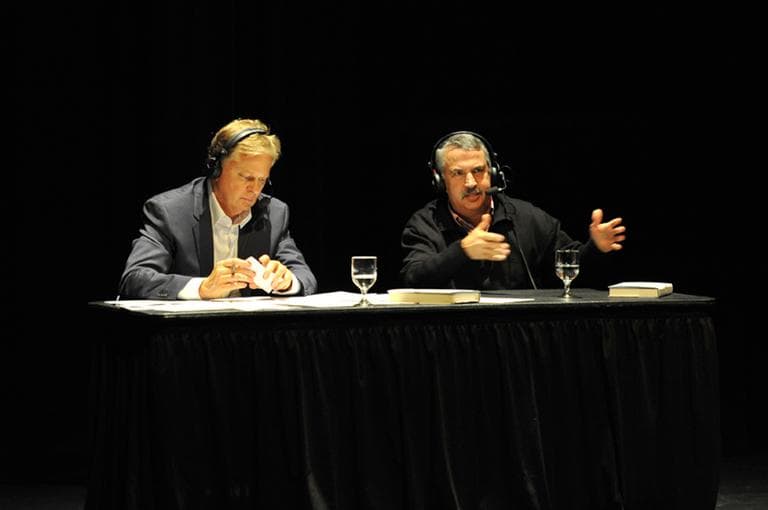 Thomas Friedman speaks with host Tom Ashbrook during a live taping of On Point Oct. 4, 2011 at the Paramount Center, Boston. (Alex Kingsbury/WBUR)