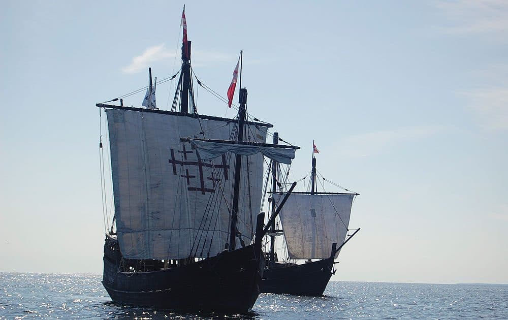 This 2009 photo shows replicas of the Nina, left, and Pinta, two of the ships in Christopher Columbus' fleet, on Lake Michigan near Green Bay, Wisc. (AP Photo/Columbus Foundation, Morgan Sanger)