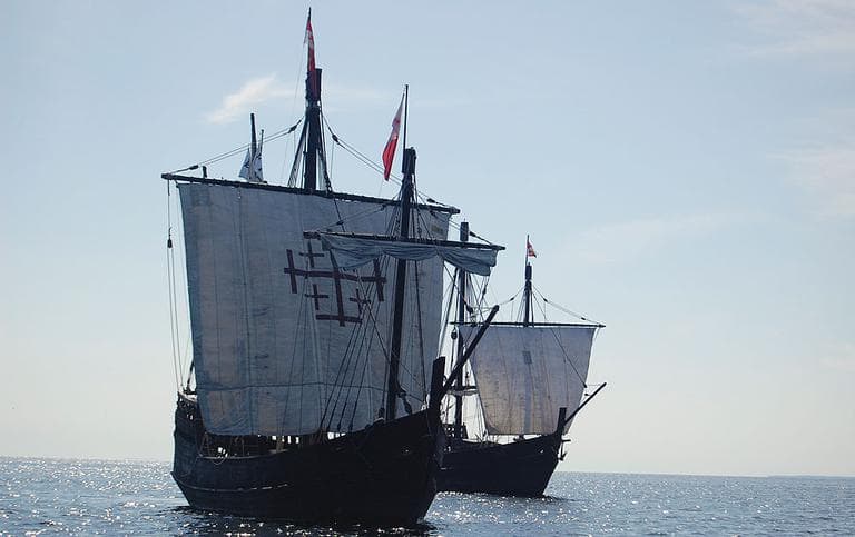 This 2009 photo shows replicas of the Nina, left, and Pinta, two of the ships in Christopher Columbus&#039; fleet, on Lake Michigan near Green Bay, Wisc. (AP Photo/Columbus Foundation, Morgan Sanger)