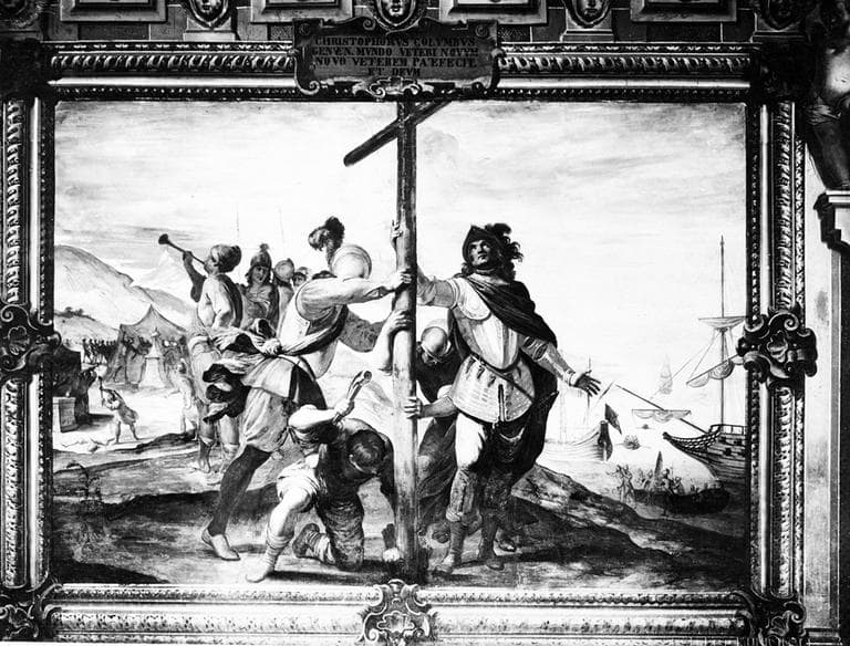 This drawing depicts explorer Christopher Columbus and his men planting the standard of Spain after landing on an island in the Bahamas on Oct. 12, 1492, claiming the island for Spain and renaming it San Salvador, &quot;Holy Savior.&quot; (AP)
