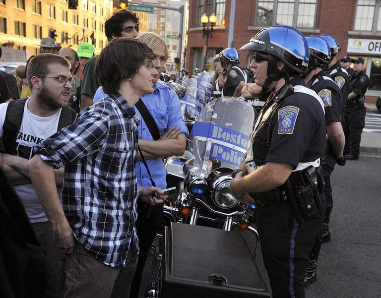 Occupy Boston protesters during a standoff with Boston Police at the Charlestown Bridge Oct. 10 (AP)