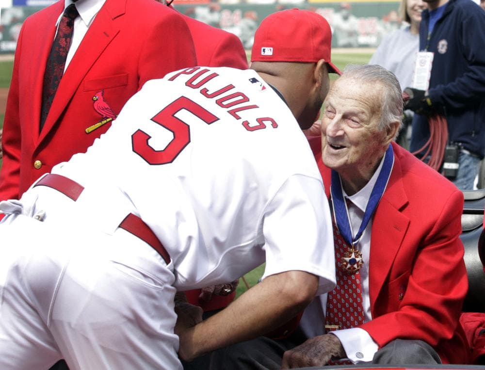 St. Louis Cardinals first baseman Albert Pujols greets former Cardinal and Hall-of-Famer Stan Musial on opening day at Busch Stadium in March. (AP)