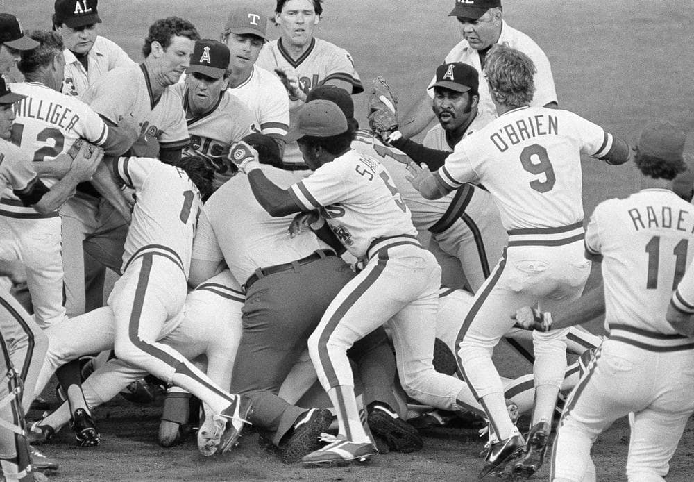 Former Texas Ranger Pete O'Brien (9) saw a lot of excitement during his Major League career, including this bench clearing brawl with the California Angels in 1983, but he never played in the postseason. Now O'Brien hopes the Rangers can claim their first title. (AP)