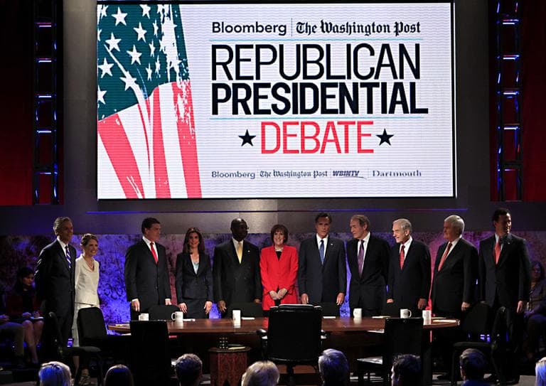 Republican presidential candidates and journalists take the stage before a presidential debate at Dartmouth College in New Hampshire on Tuesday, Oct. 11. (AP)