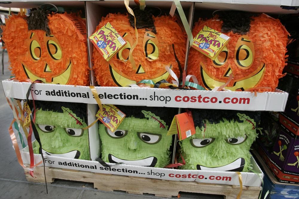 A Halloween display is shown with a Costco online advertisement at a Costco store in San Jose, Calif. (AP)