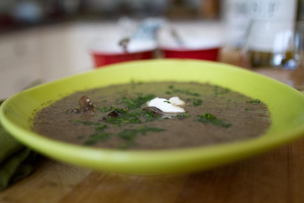 Kathy Gunst's mushroom soup. (Jesse Costa/Here &amp; Now)