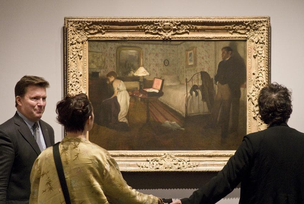 Neil Gaiman, right, and Amanda Palmer tour the Degas and the Nude exhibition at the Museum of Fine Arts. Feeling inspired, Palmer asked to disrobe and have her husband sketch her. The museum obliged. (Courtesy of the MFA)