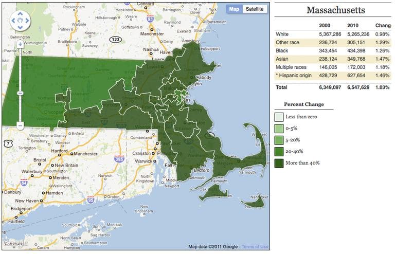 CLICK FOR INTERACTIVE MAP: Mass. congressional district population changes by race, 2000 - 2010.