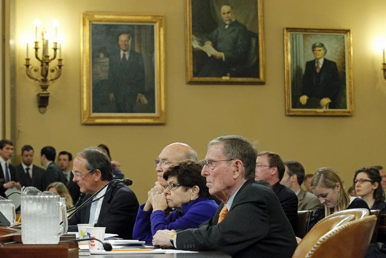 From right to left, former Senate Budget Committee Chairman Pete Domenici, R-N.M., former White House Budget Director Alice Rivlin, and former Sen. Alan Simpson, R-Wyo., and Erskine Bowles, co-chairs of the National Commission on Fiscal Responsibility and Reform, offer their advice to the Joint Select Committee on Deficit Reduction during a hearing on  Capitol Hill in Washington, Tuesday, Nov. 1, 2011.  (AP)