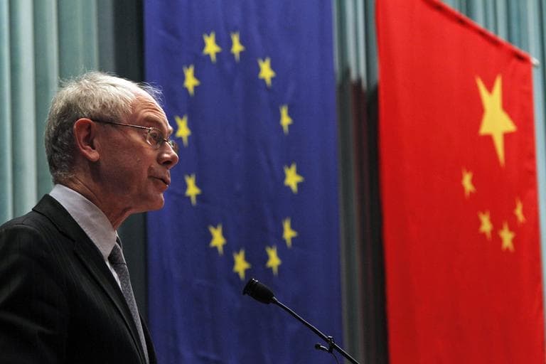 European Union President Herman van Rompuy  speaks at the Central Party School in Beijing during his first visit to China. The agenda of the three-day visit in May 2011 included the Euro zone's debt crisis, trade and business agreements. Beijing is playing a critical role in buying troubled European debt. (AP)