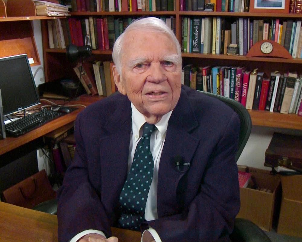 In this Aug. 23, 2011 file image taken from video and provided by CBS, Andy Rooney tapes his last regular appearance. (AP) 