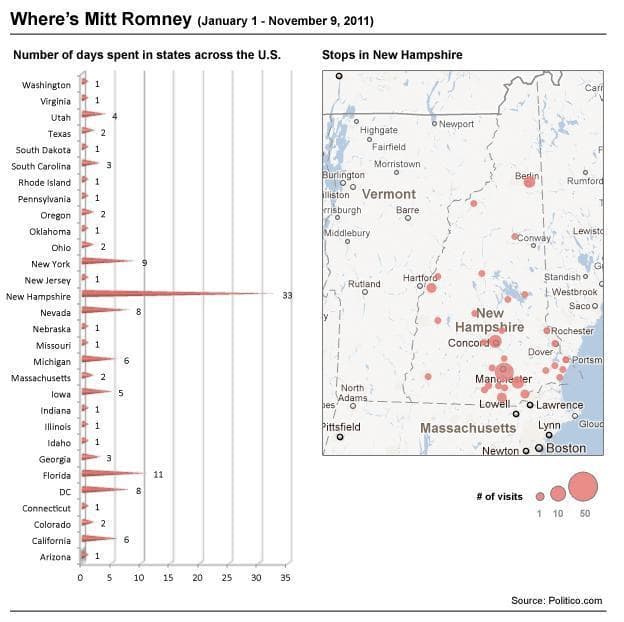 A look at Mitt Romney's campaign stops this year (Graphic by Jesse Costa/WBUR; data from Politico)