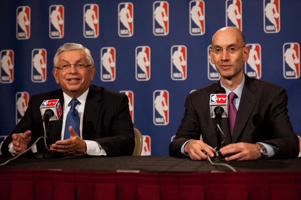 National Basketball Association commissioner David Stern, left, speaks alongside deputy commissioner Adam Silver during a news conference after a marathon meeting with the Players Association, Thursday. (AP)