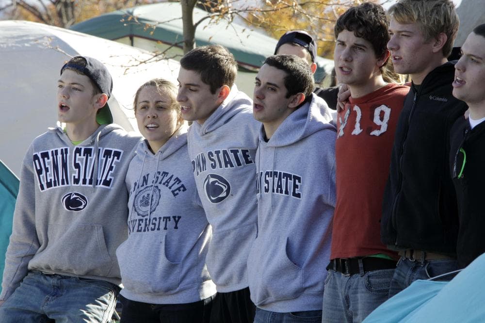Penn State students living in Paternoville, a tent village outside of Beaver Stadium, show their support for the Nittany Lions on Wednesday after a sex-abuse scandal rocked the campus in State College, Pa. (AP)