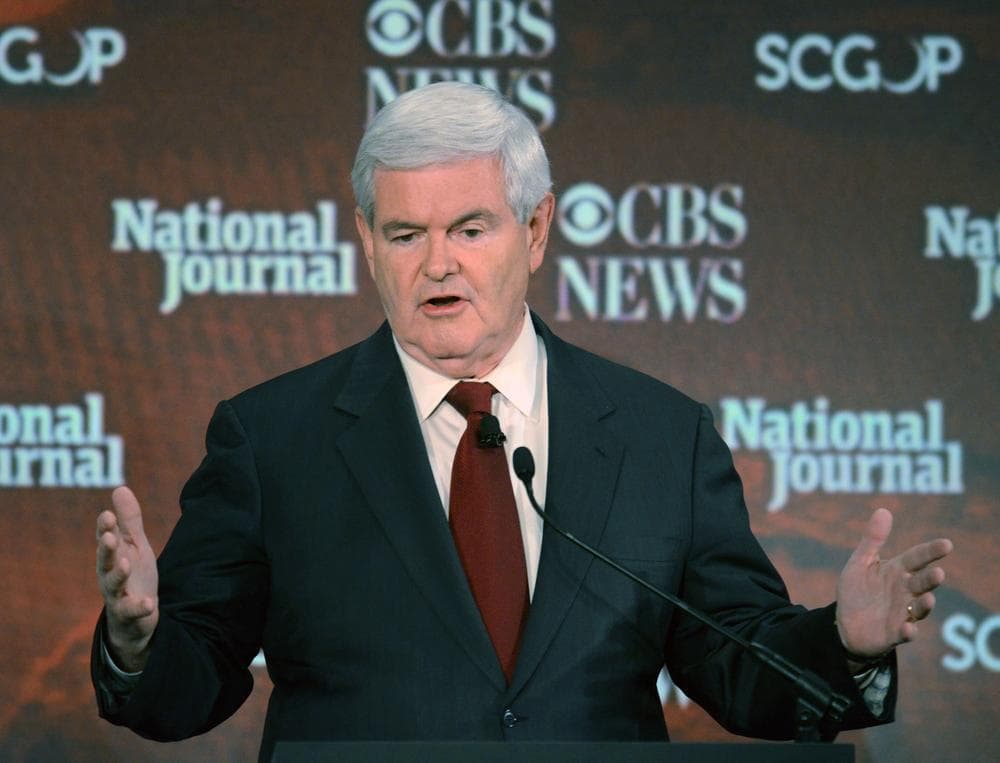 Republican presidential candidate Newt Gingrich, speaks at the CBS News/National Journal foreign policy debate at the Benjamin Johnson Arena, in Spartanburg, S.C. (AP)