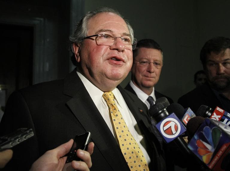 Massachusetts House Speaker Robert DeLeo faces reporters in a hallway at the Statehouse on Tuesday, after the House gave their final approval to a bill licensing up to three resort-style casinos and a single slots parlor. (AP) 