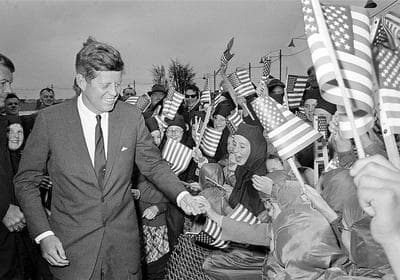 U.S. President John F. Kennedy is greeted as he arrives from Dublin by helicopter at Galway&#039;s sports ground, Ireland, June 29, 1963. (AP)