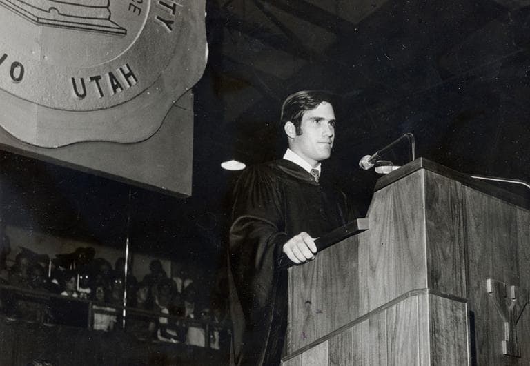 Mitt Romney delivers a commencement address at Brigham Young University in 1971. He then began a joint business and law program at Harvard University. (AP/Courtesy of Romney family)