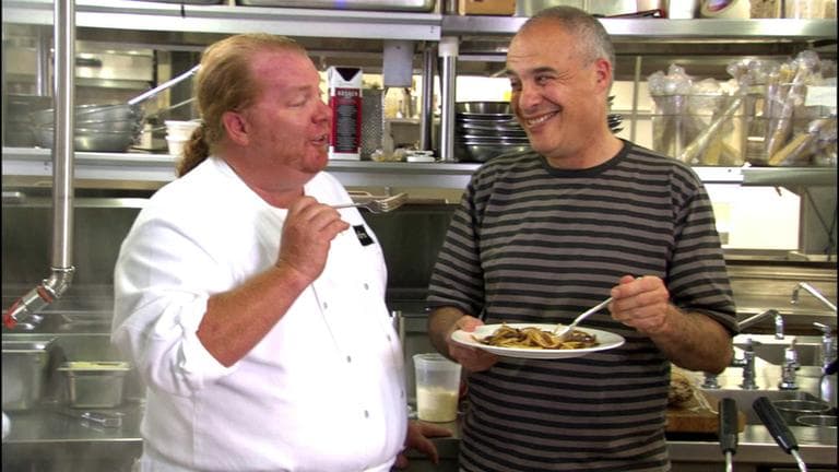 This screen grab provided by Robin Insley Associates shows chef Mario Batali and New York Times food columnist Mark Bittman. (AP)