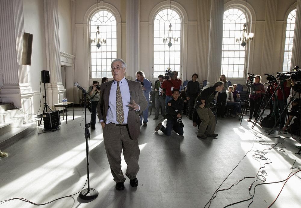Rep. Barney Frank walks up to the microphone to announce he will not seek reelection in 2012, Monday in Newton, Mass. (AP)