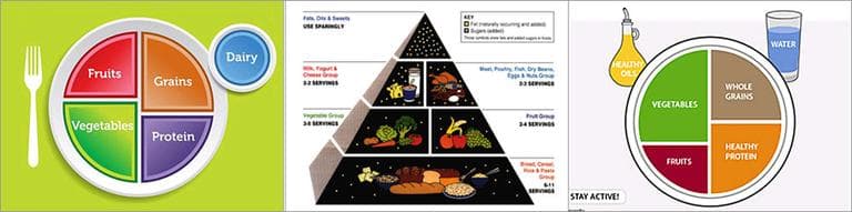 From left: The USDA&#039;s new &quot;My Plate&quot;; the food pyramid; and Harvard&#039;s &quot;Healthy Eating Plate.&quot; 
