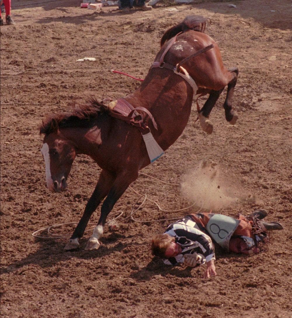 In this photo from 1997, inmate Nick Nicholson can't stay on board a bucking bronco during the bare back riding competition at the 33rd Annual Angola Prison Rodeo at the Louisiana State Penitentary. (AP)
