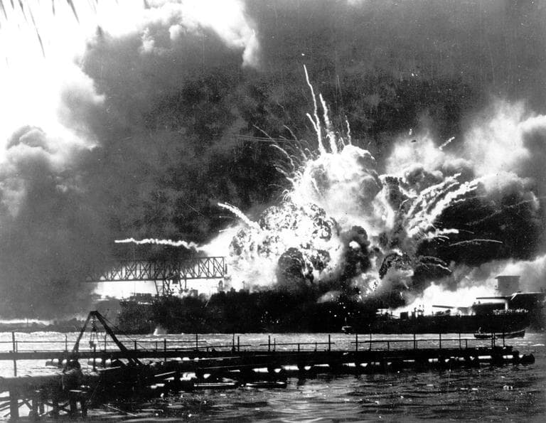 The USS Shaw explodes after being hit by bombs during the Japanese surprise attack on Pearl Harbor, Hawaii, in this Dec. 7, 1941 photo. (AP)