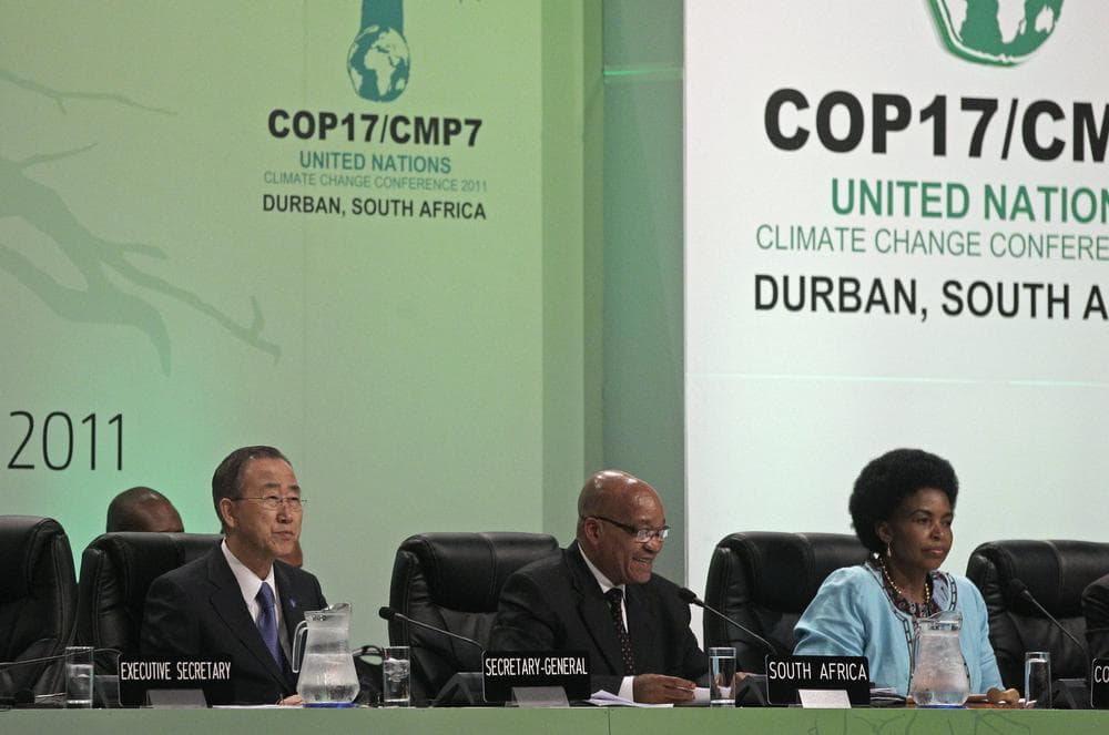 U.N. Secretary-General Ban Ki-moon, left, South African President Jacob Zuma, center, and South African Foreign Minister Maite Nkoana-Mashabane, right, attend the opening of the ministerial stage of a two-week 194-nation conference on climate change in Durban, South Africa. (AP)