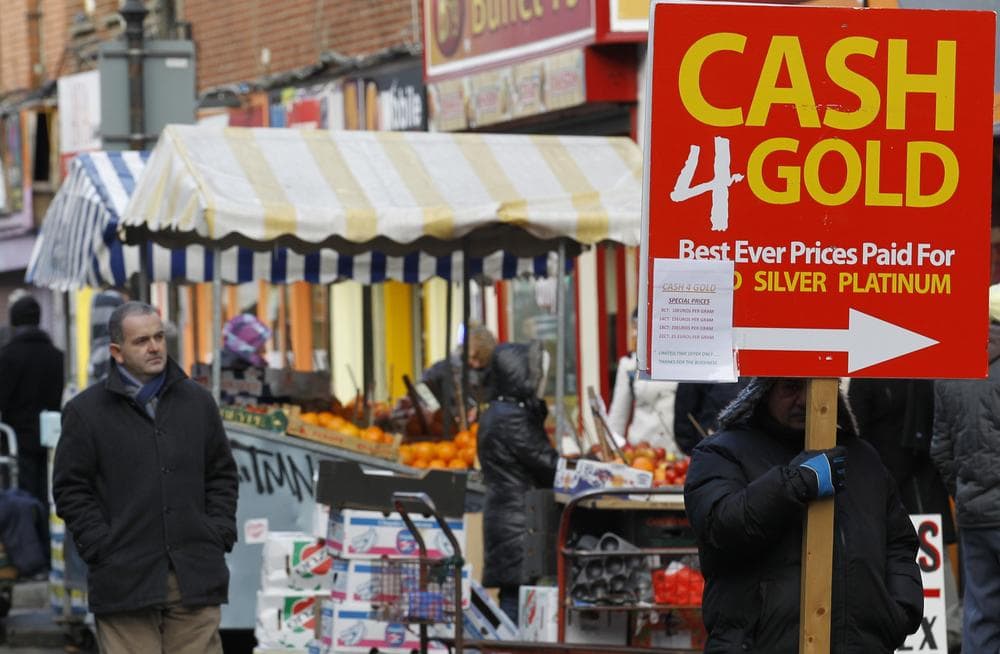Cash for Gold sign in Dublin city center, Ireland is a sign of the continuing financial crisis there. (AP)