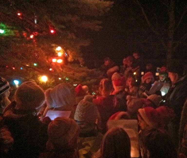 Families gather around the Mont Vernon Christmas tree during the lighting ceremony (Fred Thys/WBUR)